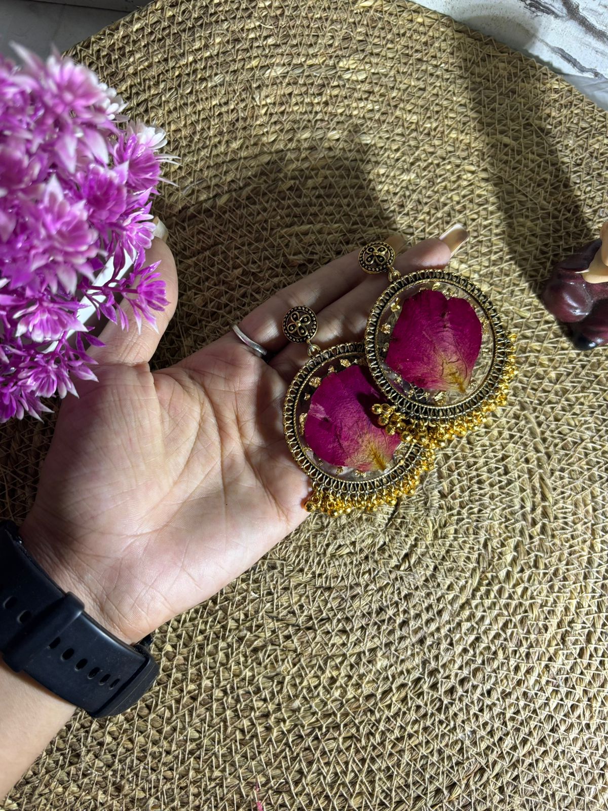 Rose Gold Petal Resin Jhumka - Image 2